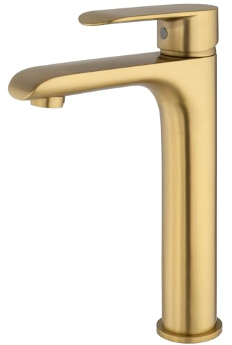 VALAZ Robinet Haut Pour Vasque Salle de Bain | Mitigeur Lavabo, Mélangeur Eau Froide et Chaude, Pas de Fuites, Installation Facile | Laiton, Inoxydable, Élégant, Rond, Dore Brossé, Série Turia