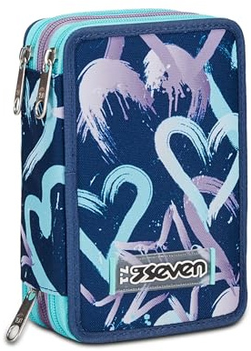 Seven Federmäppchen, Mäppchen, Mehrfarbig, Federtasche für Schreibwaren, Etui mit Stiften, Kugelschreiber, & mehr, 3 Fächer, Mädchen & Jungen, Schule - Grundschule, blau Herzen