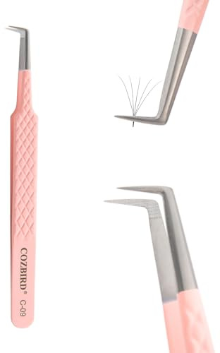 COZBIRD Fiberspetsar 90 graders pincett för ögonfransförlängningar volymfransar använd diamantgrepp hög precision rostfritt stål rosa (C-09)