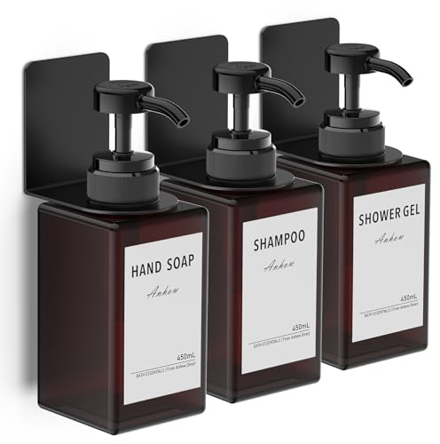 Anhow 3 Stycken Badrum Tvåldispenser, 450 ml Väggduschdispenser utan borrning Duschdispenser Duschschampo och Duschtvål med Etikett för Badrum Dusch Kök - Brun