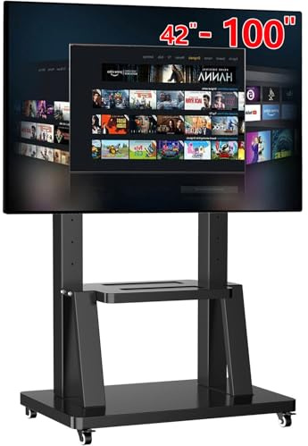 JXMSTWP - Soporte de TV con ruedas móviles para la mayoría de pantallas de 42 a 100 pulgadas, carrito de TV grande en altura ajustable con bandeja, VESA Max 900 x 600 mm, carga 80 kg, soporte para