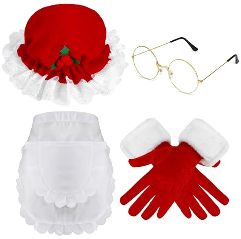 HOWAF Weihnachtsmann Kostüm Damen, Weihnachtsmütze Nikolausmütze Erwachsene Handschuhe, Weihnachtsschürze, Weihnachtsmann Brille für Weihnachtsfrau Kostüm, Weihnachtskostüm, Karneval Fasching Kostüm