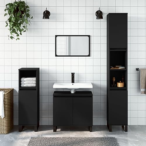 AUVYI Hoher Badschrank mit Tür und Fach Schwarz Badregal Hochschrank Badmöbel Beistellschrank Badezimmer Organizer Schmaler Badeschrank Badezimmerschrank 30x30x190 cm Holzwerkstoff&Eisen