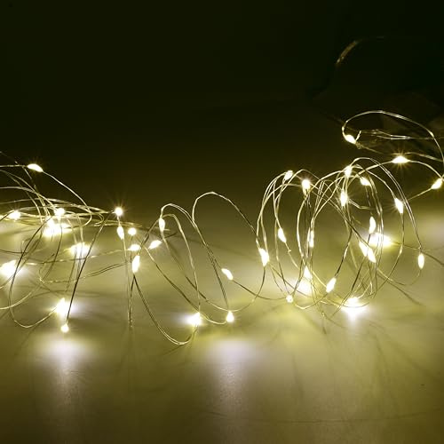 KARSUM Lichterkette, batteriebetrieben, 5 m, 50 LEDs, funkelnde Lichterkette, Stecklichter mit Fernbedienung und Timer, 8 Modi, wasserdichter Silberdraht für Weihnachtsbaum im Freien (Warmweiß)