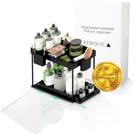 REBOLICA Organizador Cocina - Organizador Bajo Fregadero 2 Niveles Extraíble – Escritorio y Baño con Cestas, Ganchos y Rollo Protector EVA – Ahorra Espacio y Mantén Todo Organizado