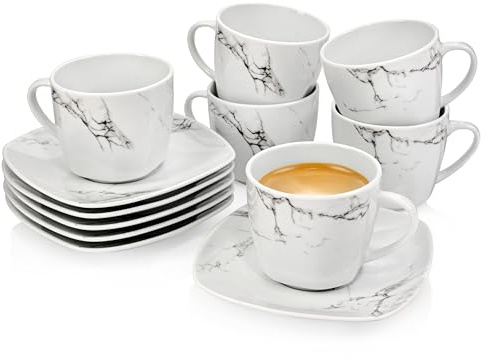 SÄNGER Tassen Set mit Untertasse Bilgola Marmor 12 tlg, Kaffeetassen | 6 Personen, Porzellan Kaffeeservice Kaffeetasse mit Untertasse, mit elegantem Marmor-Design 175 ml