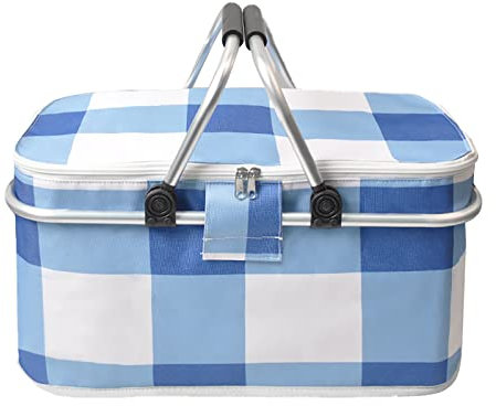 BGFYUSF Picknickkorb， isolierte Kühltasche， großer Picknickkorb， Stabiler Aluminiumrahmen， Kühlbox， zusammenklappbares Design zur einfachen Aufbewahrung， für，Blue and White Grids-46 * 24 * 24cm(1pcs)