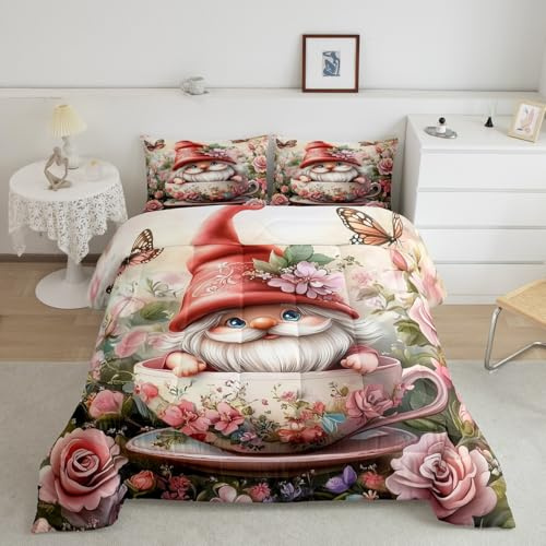 Cartoon Gnome Boys Kids Comforter Set Full Size,Pink Rose Garden Botanical Duvet Set Room Decor,Watercolor Flower Brushed Microfiber Soft Bedding Comforter 3 Pcs