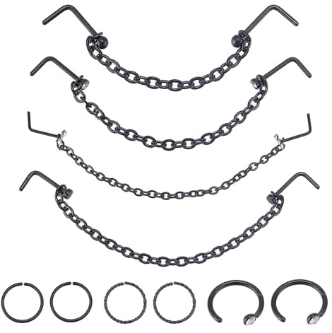 NICENEEDED 10 Pieza de Cadena para Anillos de Nariz, Cadena para la Fosa Nasal con Tachuelas Negras, Joyería para Perforación de Nariz, Anillo para la Nariz, Perno para la Nariz, Cadena con Borla