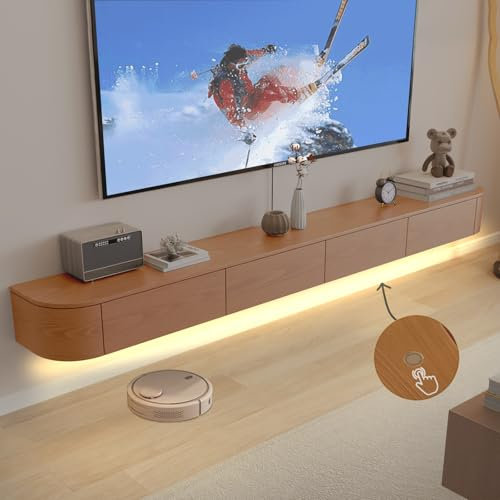 Ribanedy Meuble TV Suspendu Moderne avec Éclairage LED | Console de Divertissement Murale en Bois Massif et Portes à Rabat | Étagère Télé Design pour Salon & Bureau (Cerise, 180cm)