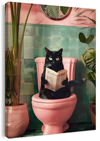 Qiukoo Image murale humoristique avec chat – Panneau de salle de bain encadré avec crochets – Art mural humoristique pour décoration de salle de bain – Œuvre d'art murale insolite pour toilettes ou
