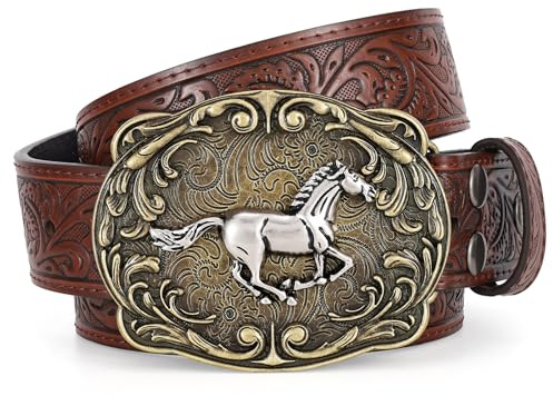 SANSTHS Cowboy Gürtel Westerngürtel für Damen Herren Bullenkopf Schnalle | Geprägt Longhorn Pferd Western Schnalle, Leder Gürtel für Jeans, Cowboy Outfits, Karneval Outfit, Party