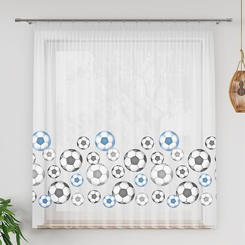 Gardinen Vorhangen Weiß/Blau Voile 400x155 cm (BxH) Wembley Kinder Gardine Mit Bunten Fußbällen Fröhliches Design