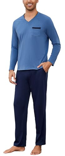Bresdk Pyjama Homme Hiver Coton Ensembles de Pyjama Homme Long Vêtements de Nuit Manches Longues Hauts de Pyjamas Grande Taille