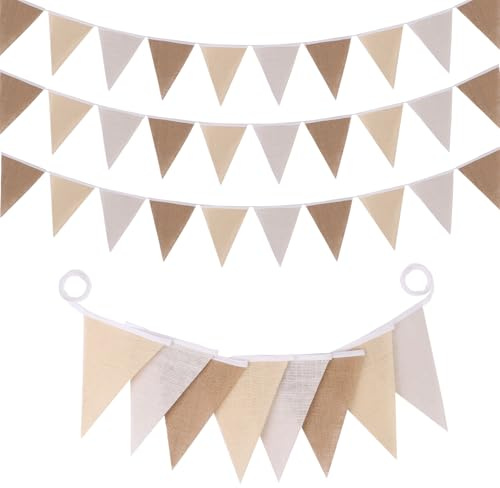 32Ft Vintage Burlap Bunting Banner Party Decorations, Linen Triangle Flag Pennant Garland Streamer for Boho Camping Fall Rustic Vintage Party Wedding Birthday Outdoor Garden Hanging Decorations