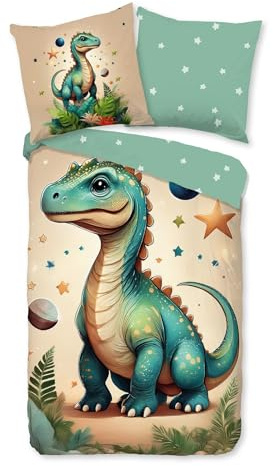 JACK Flanell Wende Bettwäsche 2 TLG. 135x200cm Dinosaurier Sterne Grün mit Reißverschluss