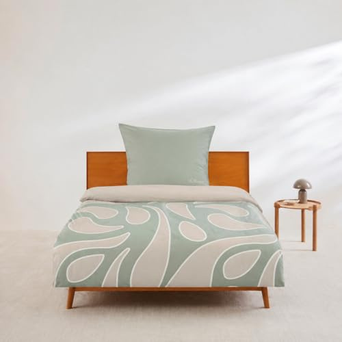 s.Oliver Mako Satin Bettwäsche 135x200 cm - 100% Baumwolle, maschinenwaschbar, anschmiegsam & weich, praktischer Reißverschluss, 2tlg. Satinbettwäsche grün beige