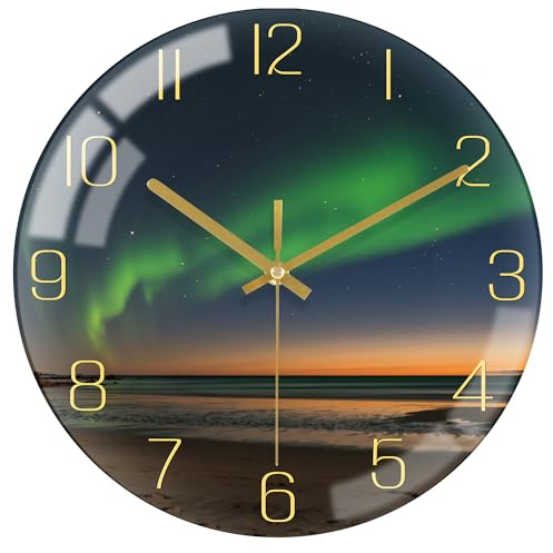 VIKMARI Moderne Wanduhr Grün Gold 25cm: Lautlos für Küche & Schlafzimmer | Moderne Wanduhr Grün Gold 25cm aus HD-Glas:Aurora Motiv ohne Ticken. Große Zahlen,perfekte Wanduhr Küche&Schlafzimmer.