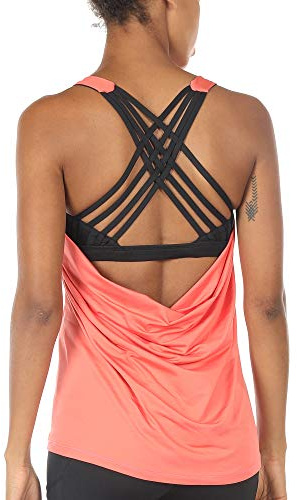 icyzone Camisetas de Yoga para Mujer con Brasier Integrado para Entrenamiento, Gimnasio, Chaleco Deportivo (M, Coral Fusión)