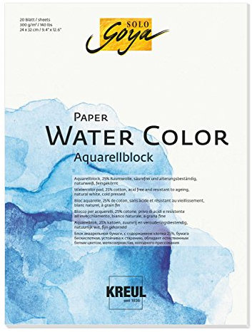 KREUL 68012 - Solo Goya Paper Water Color, Aquarellblock, ca. 24 x 32 cm, 300 g/qm, 20 Blatt, säurefrei und alterungsbeständig, naturweiß, für Malerei mit Aquarell- und Gouachefarben