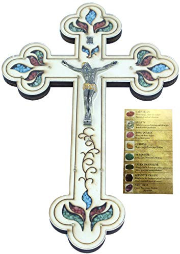 Holylandmarket Geätztes Kruzifix aus Bethlehem gefüllt mit Halbedelsteinen aus dem Heiligen Land mit Steinen auf Karte, dichtes Holz, mehrfarbig Kruzifix, 29,9 cm