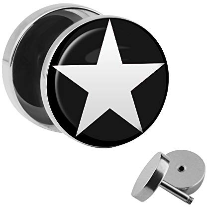 Treuheld | Ohrstecker zum Schrauben - weißer STERN - Schwarz - Silber - Fake-Plug mit Gewinde - Edelstahl Fake-Tunnel Ohr-Ring - 5-zack Sterne Star - Ohr-Piercing