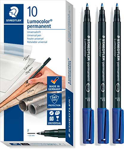 STAEDTLER Lumocolor 318-9 Folienstift, permanent, F-Spitze Linienbreite ca. 0.6 mm, hohe Qualität, wischfest, sekundenschnell trocken, 10 Stück, schwarz + 3 Stück blau Promo Pack