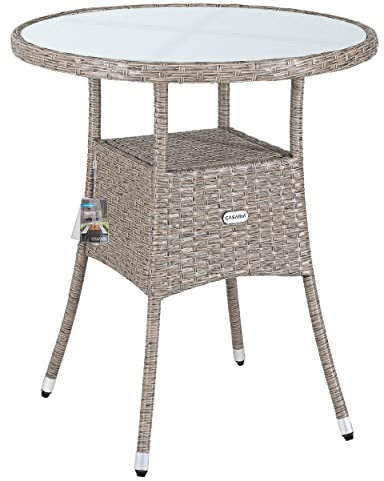 Casaria® Polyrattan Gartentisch 60cm Rund 5mm Sicherheitsglas Höhenverstellbar 80kg Belastbarkeit Wetterfest Terrasse Balkon Beistelltisch Tisch Beige