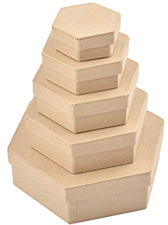 WANDIC Pappmaché-Box, Set mit 5 sechseckigen Mini-Kraftpapierboxen mit Deckel, ideal zum Basteln und Aufbewahren, Accessoires, Kosmetik, Schmuck, Geschenke, Zuhause