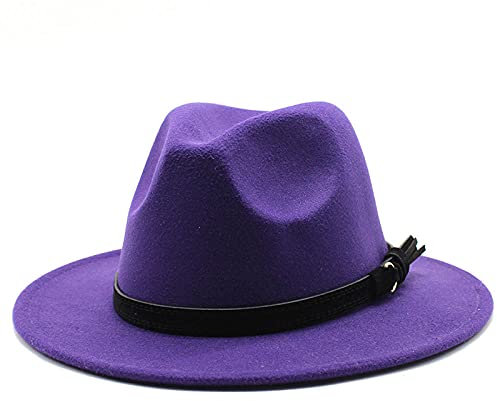 maozuzyy Fedora Trilby Damen Hut Band Band Band Filzhut Kirche Formaler Hut Breiter Krempe Retro Damen Fedora Hut-Lila_L_59-60Cm