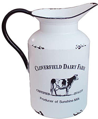CVHOMEDECO. Primitive Rustic Galvanized Tin Milk Can with Handle, Primitives Metal Jug Vase for Home and Garden Decor., Vintage White