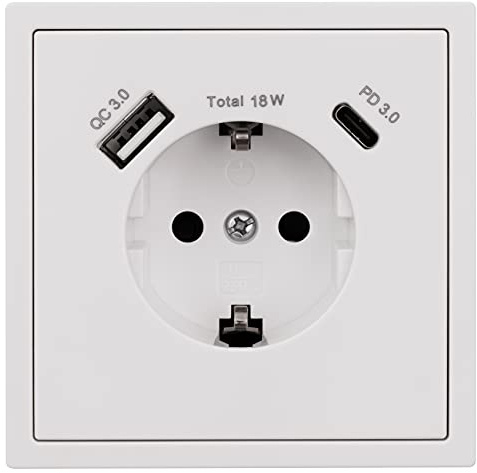 Schutzkontakt-Steckdose McPower ''Shallow'' 1x USB-C - 18W Quickcharge - 1x USB-A