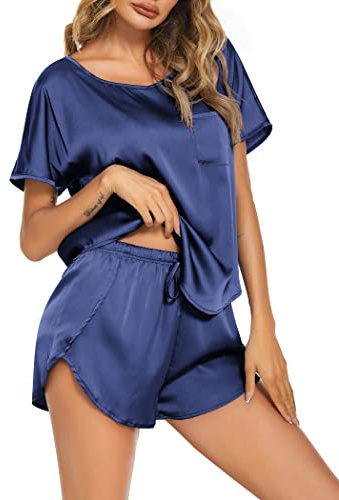Ekouaer Pyjamas, dam, kort, sommar, satin, pyjamas-set, hemmadräkt, nattkläder, tvådelad, kortärmad och shorts, S–XXL, 6-mörkblå, L
