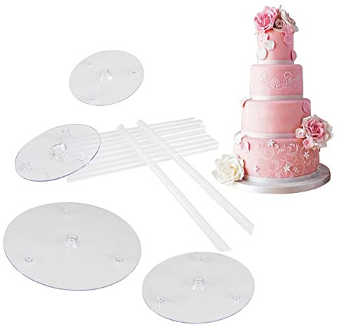 4 piano Base per Torta, Supporti per Torta (9/12/16/20cm), con 12 Pezzi Tasselli per Torte, Riutilizzabili per Torte Impilate a Più Livelli Che Decorano Festa di Compleanno