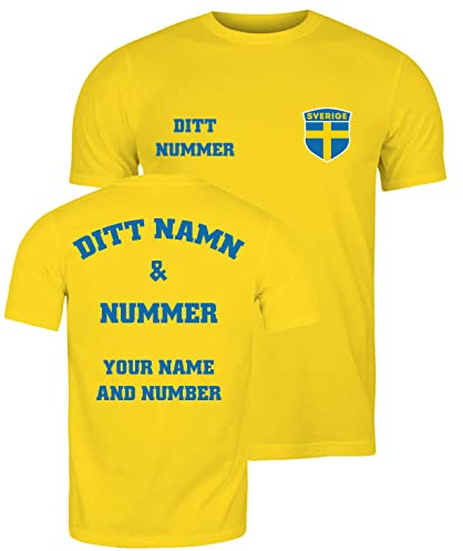 lepni.me Herr T-shirt Sverige Fotbollströja med Ditt Namn och Nummer | Svenska Flaggan Märke Personlig Jersey Custom Topp | Fans av VM 2022 (L Gul Flerfärgad)