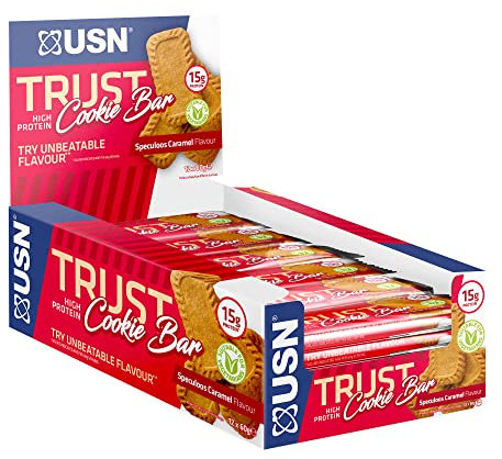 USN Trust Caramel Biscuit Cookie Bar: High Protein Bars, Perfect On-the-Go and Post-Workout Protein Snacks (12 x 60 g Bars per Pack), Red/Blue