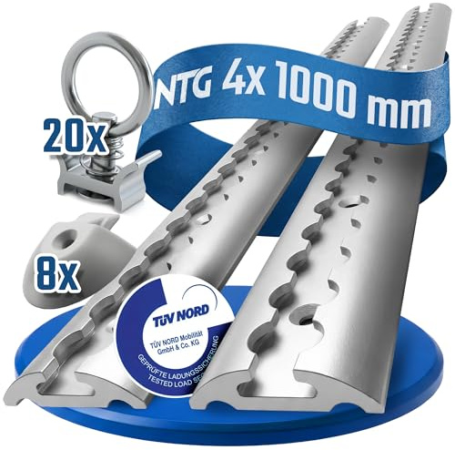 NTG Airlineschiene 4 STK 1m / 1000mm halbrund Alu m 20 Fittings -TÜV Zertifiziert- Sparsetauswahl Anhängerzubehör Ladungssicherung Zurrschiene Aluschiene LKW Transporter - m. Bohrungen Silber eloxiert