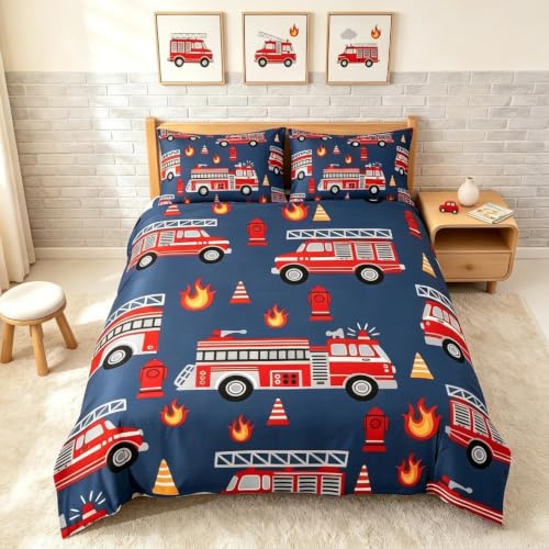 Set di biancheria da letto per auto fumetto camion dei pompieri copripiumino camera pompiere trapunta copertura pompiere auto veicolo blu rosso 2 pezzi taglia singola