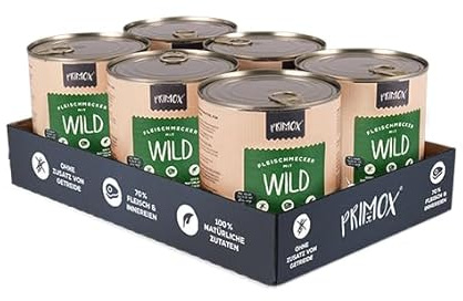 PRIMOX® Fleischmecker Hunde-Nassfutter | Getreidefrei | 70% Fleisch & Innereien | Made in Germany & 100% Natürlich | Omega-3 für Haut & Fell | Gluten- & Laktosefrei (Wild, 6x800 g)