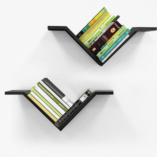 Mazjoaru Bücherregal Wand Holz Schwarz, V-förmiges Wandregal, 2Er-Set | Paulowniaholz In V-Form Bietet Platz Für Bücher Und Deko; Zur Wandmontage In Wohn-, Schlaf- Oder Kinderzimmer.