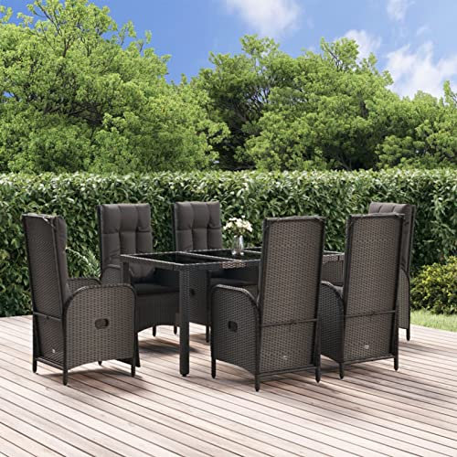 Homgoday Set da pranzo da giardino 7 pezzi e cuscini in rattan sintetico nero, sedia tavolo cucina esterno terrazza patio balcone mobili tipo 22