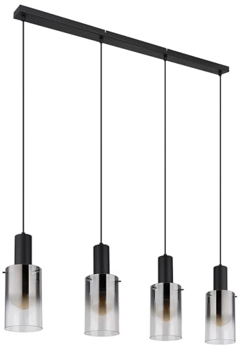 Pendellampe Pendelleuchte Esstischleuchte Wohnzimmerlampe Hängeleuchte Lampe, 4 Flammig Rauchglas Metall schwarz, E27 Fassungen, LxBxH 102,5x12,5x150cm