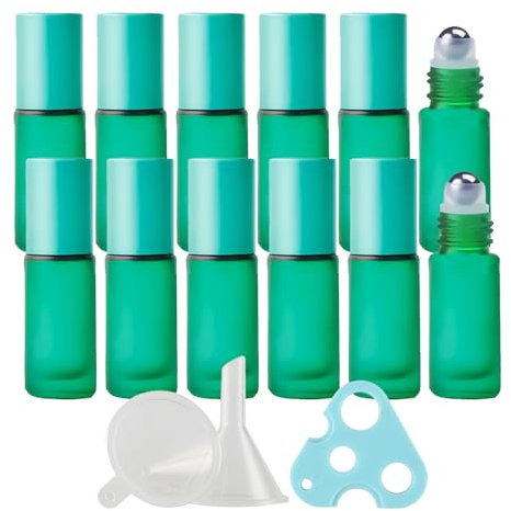 LusDoly 24 Piezas 5ml Verde Recargable Contenedor De Vidrio Rollo Botellas con Tapa de Rosca Para aceites esenciales aromaterapia fragancia