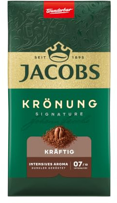Jacobs Filterkaffee Krönung Kräftig, dunkle Röstung, Kaffee gemahlen, geröstet in Deutschland, ideal für Filterkaffeemaschine & French Press, Intensität 7/10, 500 g