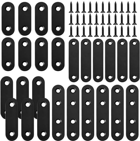 Konesky Staffa dritta per piastra piatta, piastre di giunzione, in acciaio inox, colore nero, staffa dritta per riparazione con viti per pannelli in legno, telaio letto, mobili, scaffali, armadi, 26