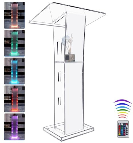 Afitdon Acryl Podium, Transparenter Acryl Rednerpult mit Speicher Regal, Kirche Kanzel mit 15 Farbe LED-Licht, Stabilität Podium Ständer for Kirche, Vortrag, Hochzeit, Klassenzimmer(23.6x16x 45.2)