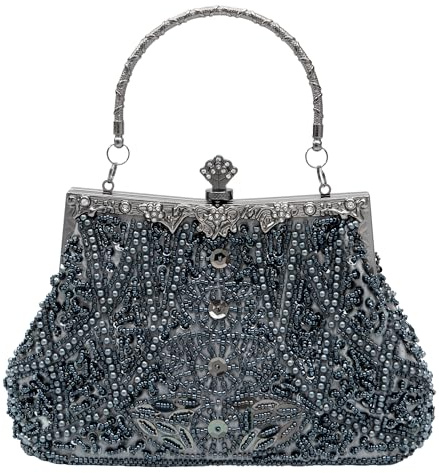 lapulio Bolso de noche vintage con cuentas de hojas florales y lentejuelas, elegante bolso de mano para mujer, para novias, bailes, fiestas y formales, Gris, 9 inches (L) x 2.8 inches (W) x 6.1 inches