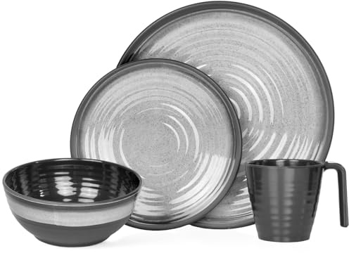 Melamin Camping Geschirr Set 1-4 Personen I 4-32 Teilig I Tasse I Schüssel I Gläser I Teller Set I Picknick BBQ Kochgeschirr I Stone Red Green Curry Blue Grey