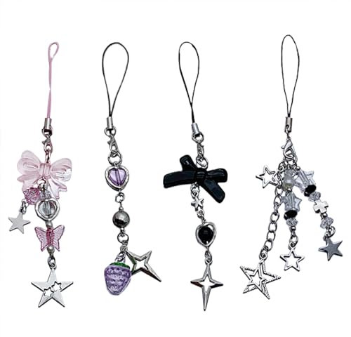 Itkcozcg Modeschmuck, 4 Stück, Schleife, Stern-Anhänger, Handy-Charm, Handykette, Band, süße Tasche, Dekoration, Schlüsselband, Schlüsselanhänger, Farbreferenzbild:, About 15cm