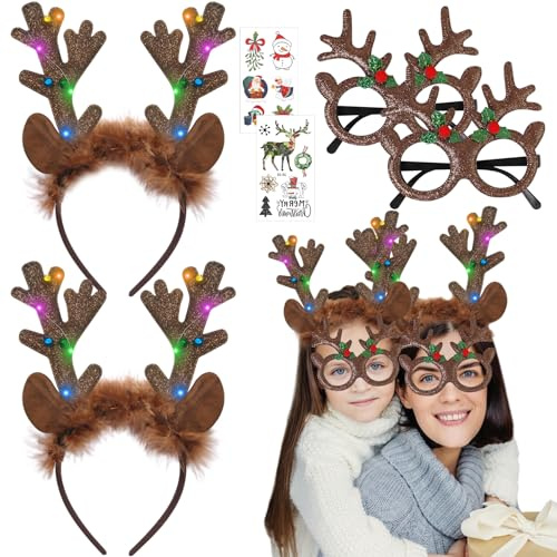 TZQFROCE LED Rentier Haarreif 2 Stück Geweih haarreif Weihnachten Stirnband Rentier Geweih Stirnbänder Weihnachts Haarschmuck für Kinder und erwachsene